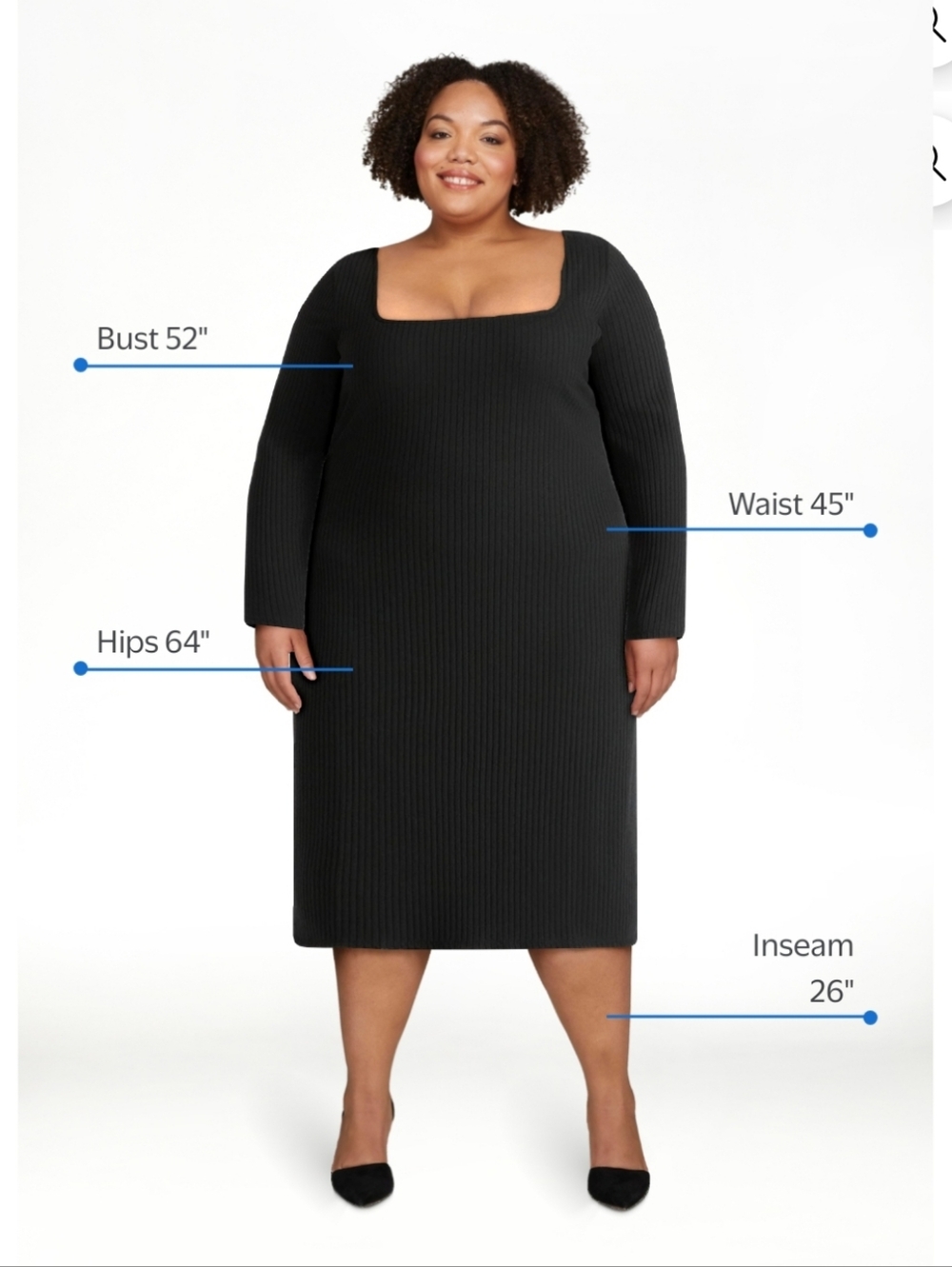 Terra & Sky Black Rib-Knit Square-Neck Midi Dress